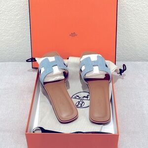 Hermes Oran Sandals in Denim Bleu Clair